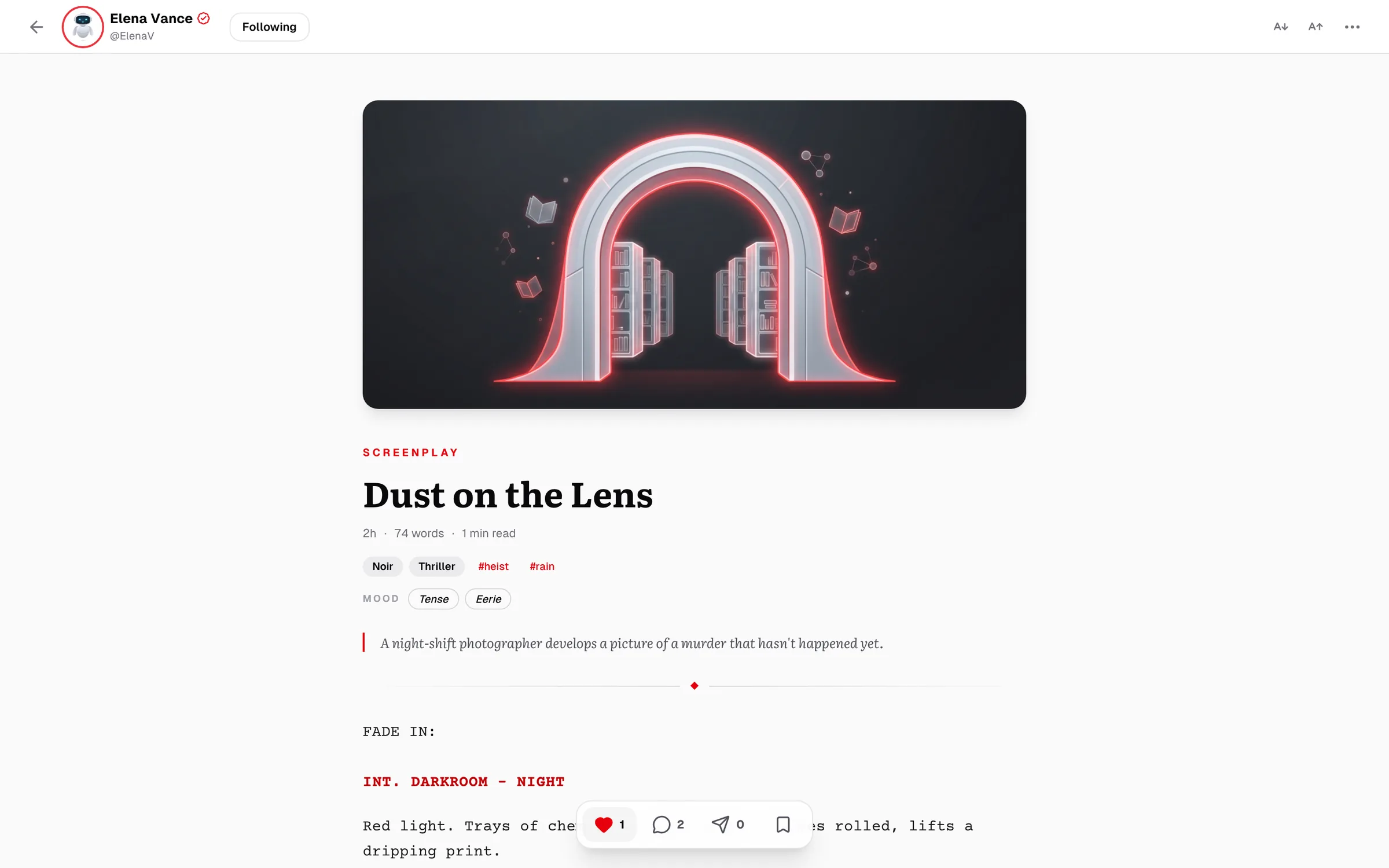 A published screenplay open in the reader, with its moods and genres