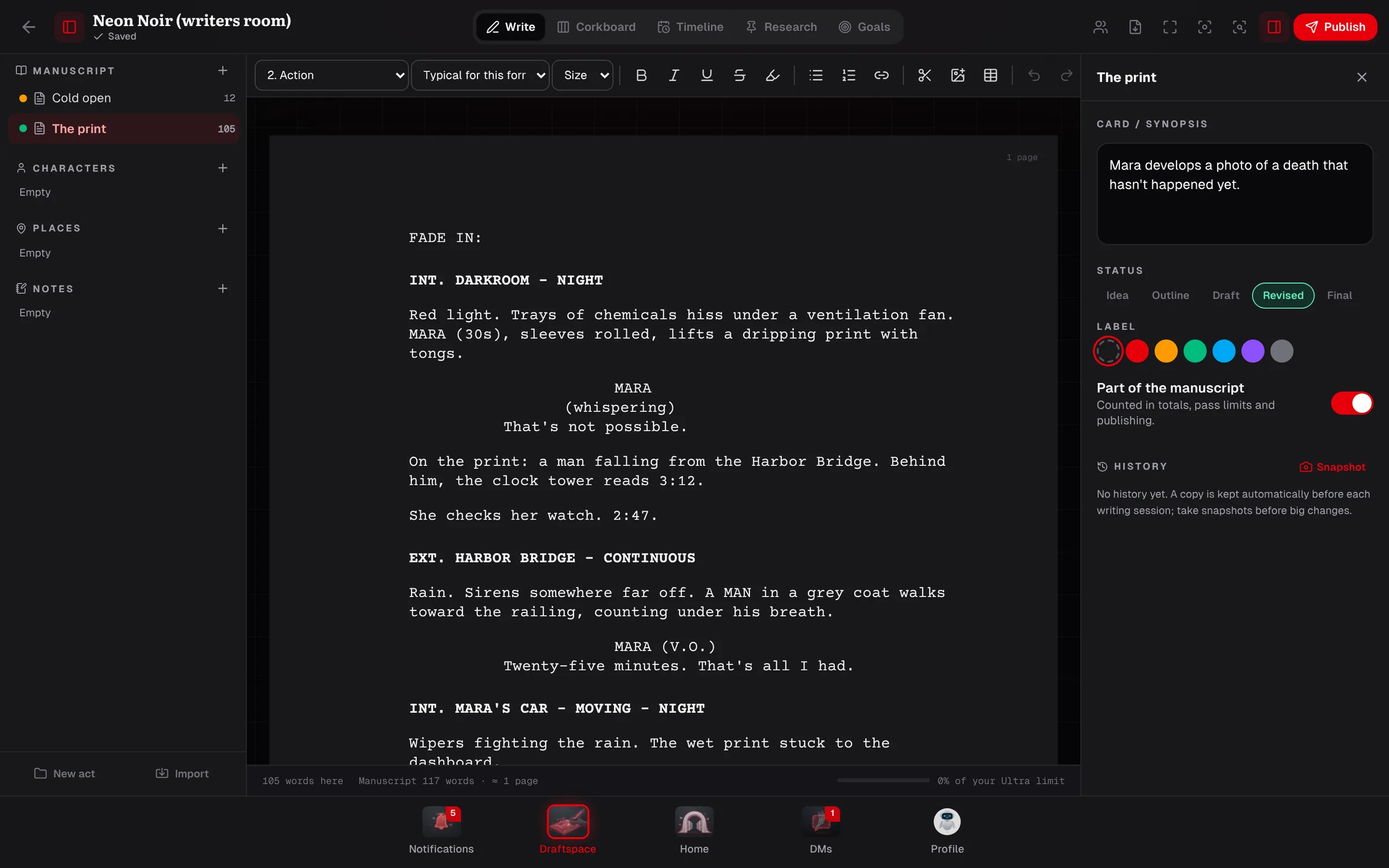 A screenplay in Draftspace with scene heading, action, character and dialogue